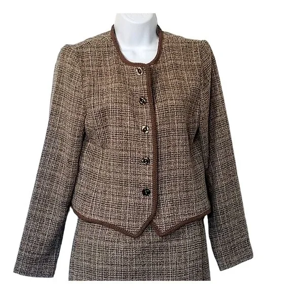 Vtg Skirt Blazer Suit Brown Tweed 5 Button Decorative Trim Faux Wrap Skirt Midi - Picture 3 of 16